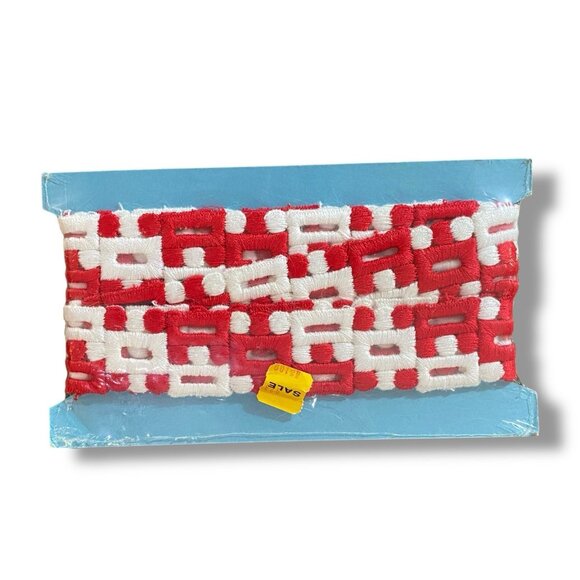 Vintage 60S Mod Hippy Mcm Geometric Embroidered White Red Trim Notion Ribbon 2yd - Picture 1 of 3